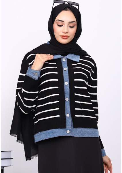 Siyah Düğmeli Kot Detaylı Triko Hırka modelleri