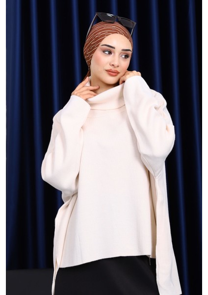 Ekru Balıkçı Yaka Fermuarlı Triko Kazak fiyatları