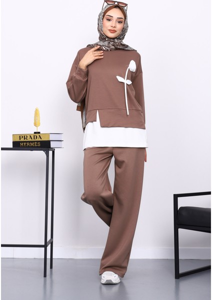 Vizon Bisiklet Yaka Gül Detaylı Tunik Pantolonlu Modal Takım