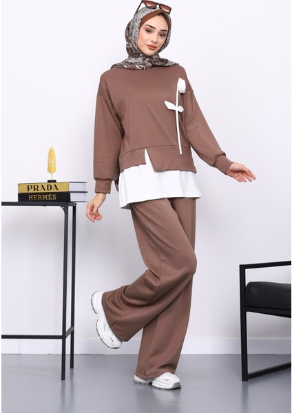 Vizon Bisiklet Yaka Gül Detaylı Tunik Pantolonlu Modal Takım fiyatları