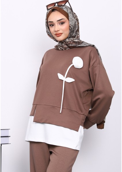 Vizon Bisiklet Yaka Gül Detaylı Tunik Pantolonlu Modal Takım modelleri