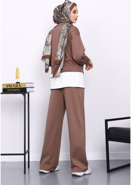 Vizon Bisiklet Yaka Gül Detaylı Tunik Pantolonlu Modal Takım fırsatları