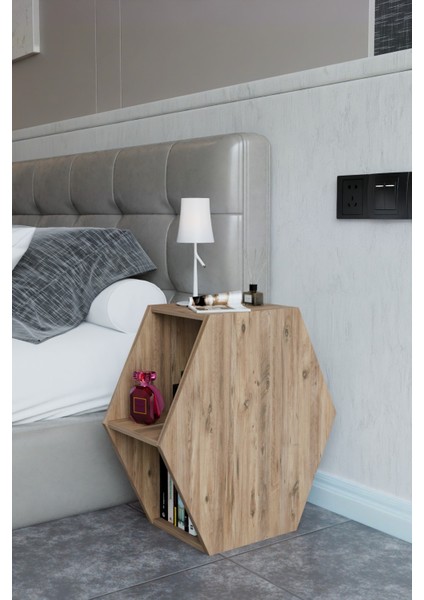 Altıgen Komodin, Modern Yatak Odası Başucu Sehpası, Dekoratif Kitaplık,raflı Komodin