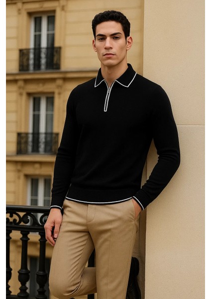 Erkek Trend Fermuarlı Siyah Uzun Kollu Polo Yaka Tişört modelleri