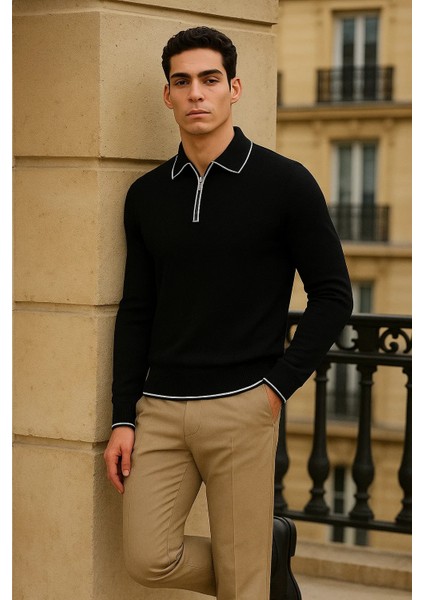 Erkek Trend Fermuarlı Siyah Uzun Kollu Polo Yaka Tişört fırsatları