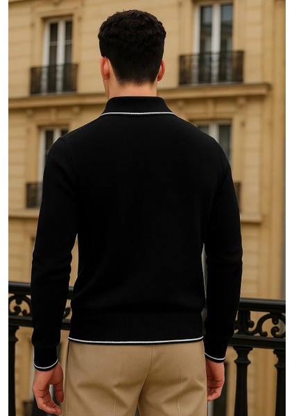 Erkek Trend Fermuarlı Siyah Uzun Kollu Polo Yaka Tişört indirimleri