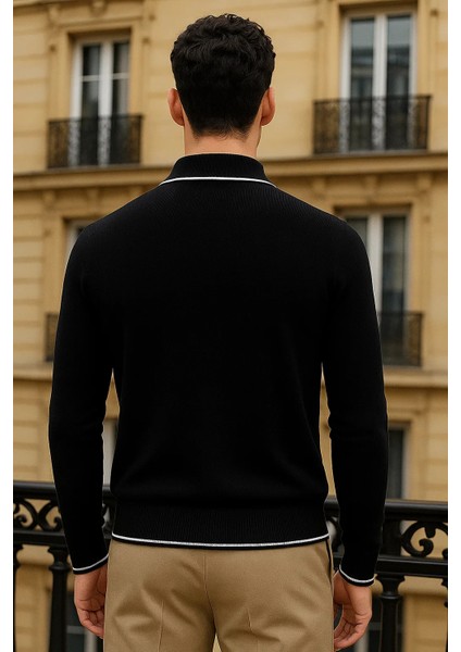 Erkek Trend Fermuarlı Siyah Uzun Kollu Polo Yaka Tişört