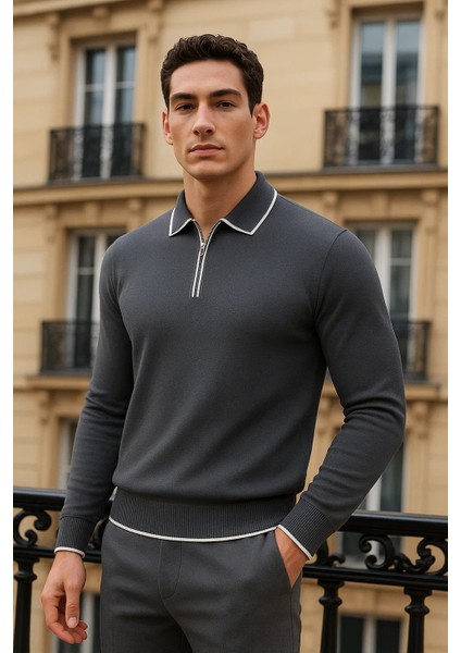 Erkek Trend Fermuarlı Füme Uzun Kollu Polo Yaka Tişört