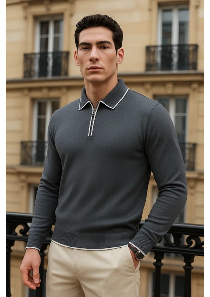 Erkek Trend Fermuarlı Füme Uzun Kollu Polo Yaka Tişört fiyatları