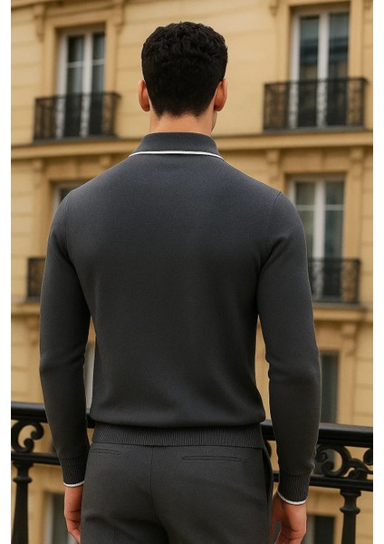 Erkek Trend Fermuarlı Füme Uzun Kollu Polo Yaka Tişört