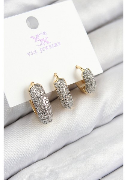 Pirinç Zirkon Taşlı 3'lü Halka Model Gold Ve Gümüş Renk Kadın Küpe - TJ-BKP11148