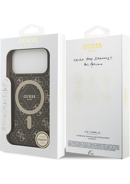 iPhone 17 Pro Max Uyumlu Kılıf Guess Lisanslı M-Safeli Iml Baskılı Klasik Logolu 4g Desenli Kahve