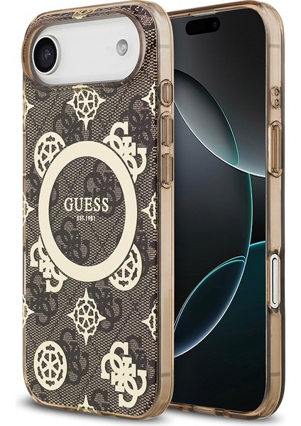 iPhone 17 Air Uyumlu Kılıf Guess Lisanslı M-Safeli Iml Peony ve 4g Desenli Klasik Logolu Kahverengi