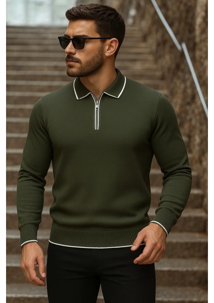 Erkek Trend Fermuarlı Uzun Kollu Haki Polo Yaka Kazak