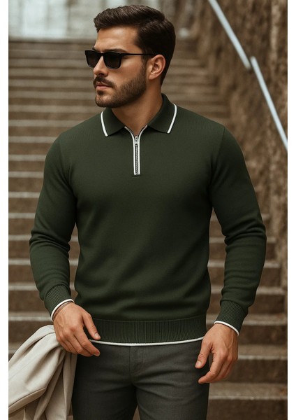 Erkek Trend Fermuarlı Uzun Kollu Haki Polo Yaka Kazak fiyatları
