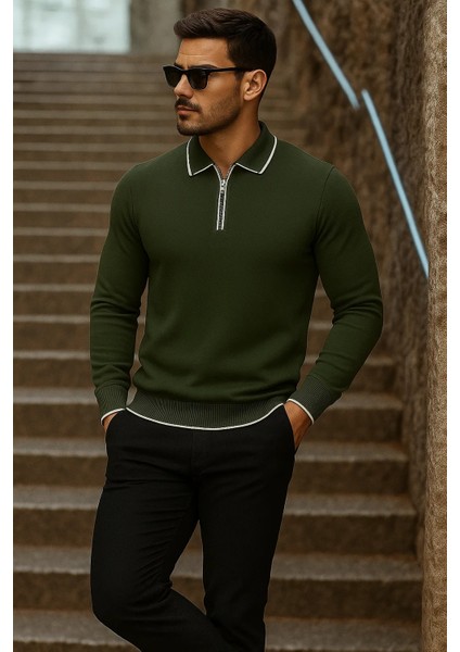 Erkek Trend Fermuarlı Uzun Kollu Haki Polo Yaka Kazak modelleri
