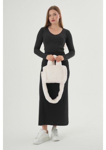 Soft Fluffy Bag / Cream Uzun Saplı Peluş Çanta / Cross Body En : 24 Boy : 18