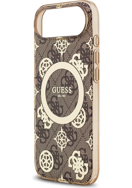 iPhone 17 Air Uyumlu Kılıf Guess Lisanslı M-Safeli Iml Peony ve 4g Desenli Klasik Logolu Kahverengi