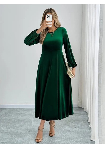 Kadın Uzun Kollu Bisiklet Yaka Midi Kadife Elbise fırsatları