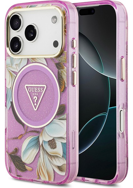 iPhone 17 Pro Kılıf Guess Lisanslı M-Safeli Simli Çiçek Desenli Metal Kamera Çerçeveli Kapak Mor