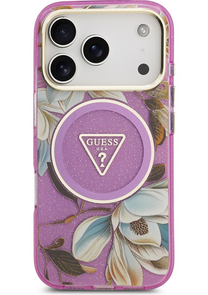 iPhone 17 Pro Kılıf Guess Lisanslı M-Safeli Simli Çiçek Desenli Metal Kamera Çerçeveli Kapak Mor modelleri