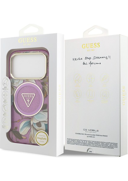 iPhone 17 Pro Kılıf Guess Lisanslı M-Safeli Simli Çiçek Desenli Metal Kamera Çerçeveli Kapak Mor