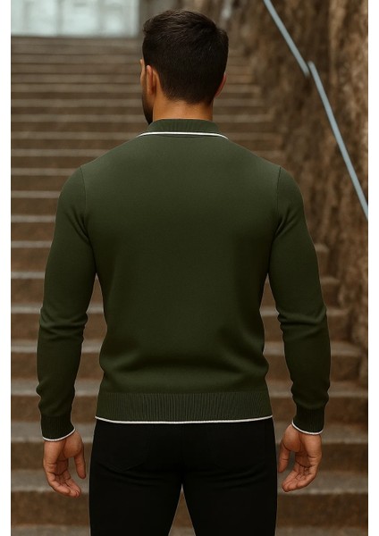 Erkek Trend Fermuarlı Uzun Kollu Haki Polo Yaka Kazak indirimleri