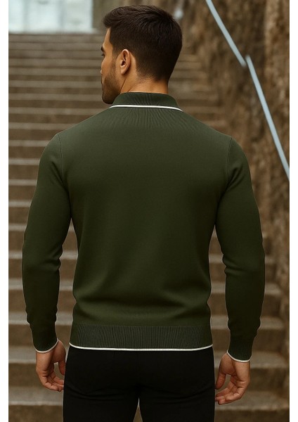 Erkek Trend Fermuarlı Uzun Kollu Haki Polo Yaka Kazak