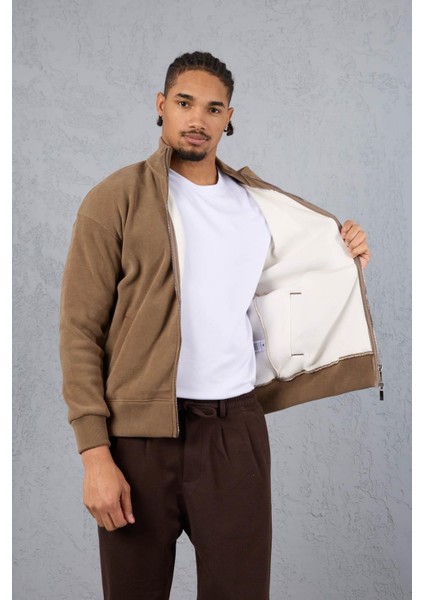 Ron Selanik Örme Içi Peluş Çift Fermuarlı Dik Yaka Erkek Hırka Sweatshirt - Vizon fiyatları