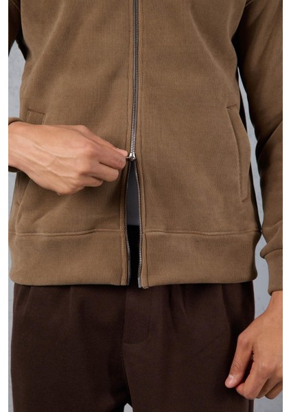 Ron Selanik Örme Içi Peluş Çift Fermuarlı Dik Yaka Erkek Hırka Sweatshirt - Vizon modelleri