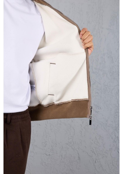 Ron Selanik Örme Içi Peluş Çift Fermuarlı Dik Yaka Erkek Hırka Sweatshirt - Vizon fırsatları