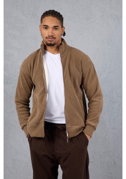 Ron Selanik Örme Içi Peluş Çift Fermuarlı Dik Yaka Erkek Hırka Sweatshirt - Vizon