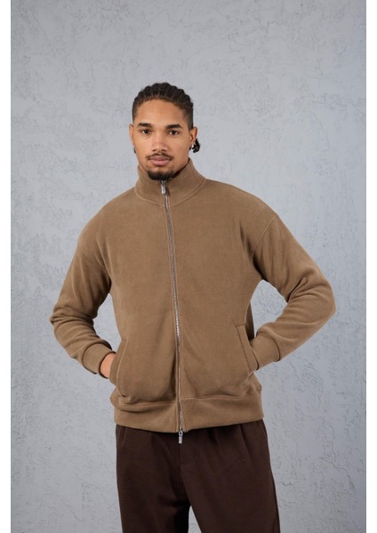 Ron Selanik Örme Içi Peluş Çift Fermuarlı Dik Yaka Erkek Hırka Sweatshirt - Vizon