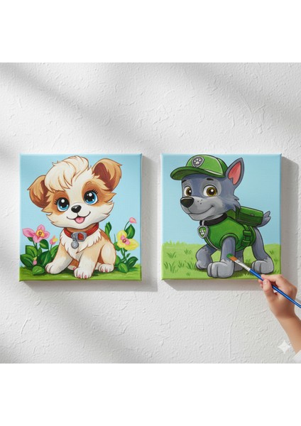 TATİL-KARNE HEDİYESİ 2'li Tuval Boyama Seti 20X20 cm Uv Baskı 6 Akrilik Boya 1 FIRÇA-MODEL-398