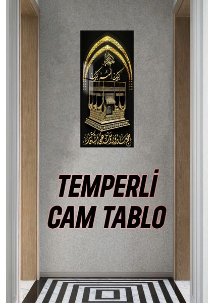 Altın Kabartmalı Kâbe Motifli Hat Yazılı Temperli Cam Dik Tablo 30X60 cm Uv Baskı - DCT063 indirimleri