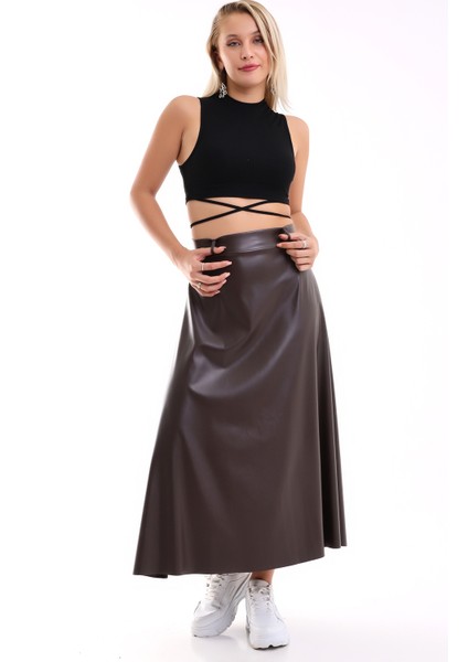 Uzun Etek Suni Deri Kloş Model Kemerli