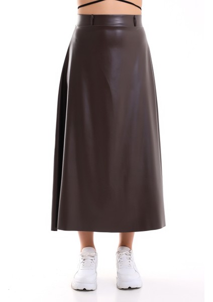 Uzun Etek Suni Deri Kloş Model Kemerli