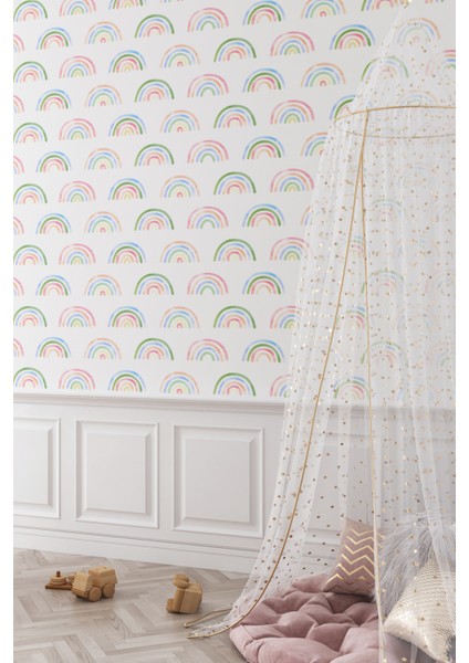 Gökkuşağı Desenli Çocuk Odası Duvar Kağıdı -Isı ve Ses Yalıtımı Yırtılmaz fırsatları