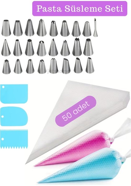 Pasta Süsleme Seti 25 Farklı Krema Duyu Krema Sıkma Torbası 50\'li Hamur Düzenleyici