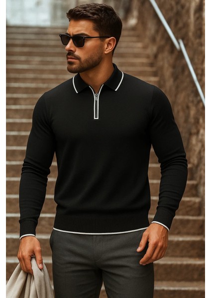 Erkek Trend Fermuarlı Uzun Kollu Siyah Polo Yaka Kazak