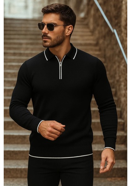 Erkek Trend Fermuarlı Uzun Kollu Siyah Polo Yaka Kazak fiyatları