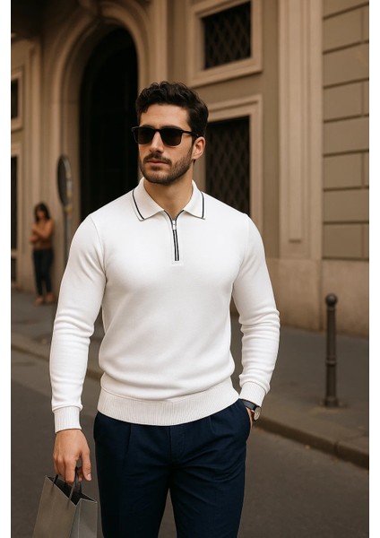 Erkek Fermuarlı Beyaz Uzun Kollu Polo Yaka Triko Kazak