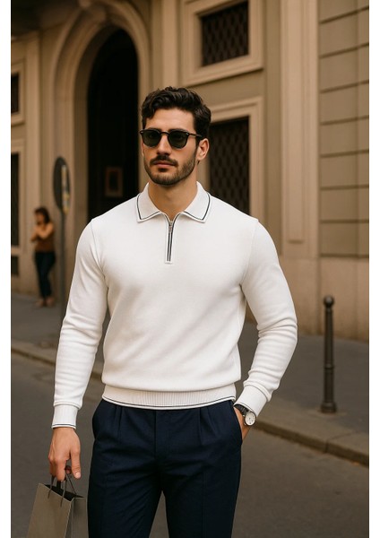 Erkek Fermuarlı Beyaz Uzun Kollu Polo Yaka Triko Kazak fiyatları