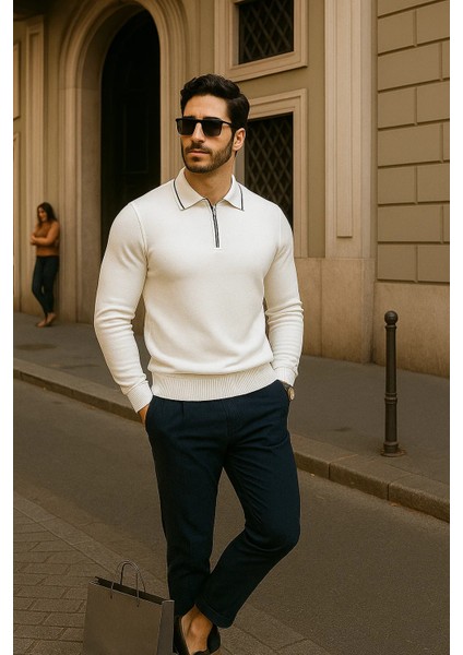 Erkek Fermuarlı Beyaz Uzun Kollu Polo Yaka Triko Kazak modelleri