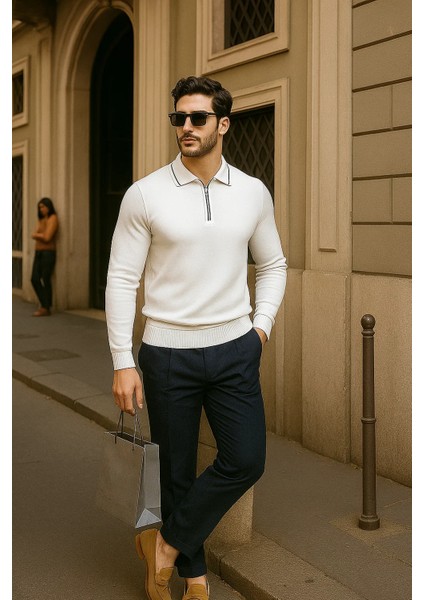 Erkek Fermuarlı Beyaz Uzun Kollu Polo Yaka Triko Kazak fırsatları