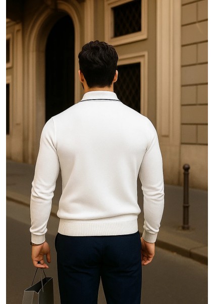 Erkek Fermuarlı Beyaz Uzun Kollu Polo Yaka Triko Kazak indirimleri