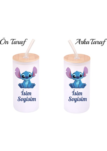 Kişiye Özel Stitch Temalı Buzlu Pipetli Cam Suluk