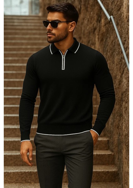 Erkek Trend Fermuarlı Uzun Kollu Siyah Polo Yaka Kazak modelleri