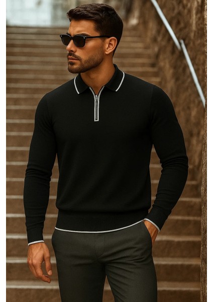 Erkek Trend Fermuarlı Uzun Kollu Siyah Polo Yaka Kazak fırsatları