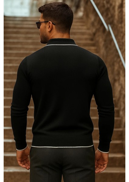 Erkek Trend Fermuarlı Uzun Kollu Siyah Polo Yaka Kazak indirimleri